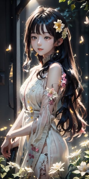 a cute korean girl large-eyed girl, bangs, long wavy hair, 
Kidney with flowers in a fantasy world,
octane rendering, ray tracing, 3d rendering, masterpiece, best Quality, Tyndall effect, good composition, highly details, warm soft light, three-dimensional lighting, volume lighting, Film light,firefliesfireflies