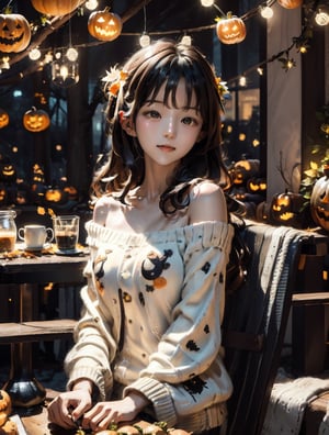 a cute korean girl large-eyed girl, bangs, long wavy hair, off shoulder, sitting on chair, 
Halloween party in a cafe, dressed in cute animal onesies, surrounded by autumn-themed decorations. Vibrant cafe lighting enhances the cozy, festive atmosphere, 
octane rendering, ray tracing, 3d rendering, masterpiece, best Quality, Tyndall effect, good composition, highly details, warm soft light, three-dimensional lighting, volume lighting, Film light