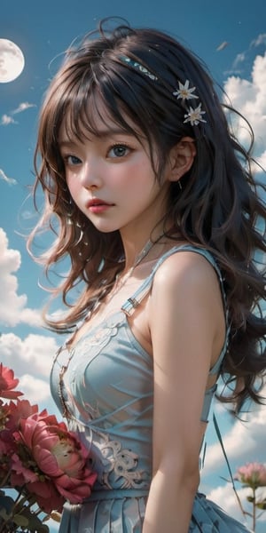 cute korean large-eyed girl, bangs, 
flower, zentangle, art nouveau, full body, ((jumping pose)), (horizon:1.3), sky, cloud, rich round moon, 
masterpiece, highly details, best Quality, Tyndall effect, good composition, volume lighting, Film light, dynamic lighting, cinematic lighting, 
,               ,