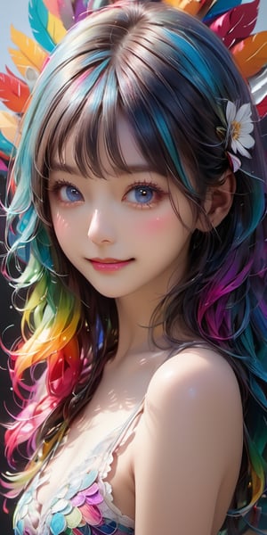 cute korean large-eyed girl, bangs, 
multi color hair, wavy hair, straught hair, wavy hair, multi style hair, (1girl), extremely detailed, (fractal art ), (colorful:1.1), (flowers:1.3), (zentangle:1.2), (seductive pose), (abstract background:1.2 ), (many colors:1.4), (feathers:1.3), (look at the viewer:1.2),semi nudy , full body:1.3, snfw:1.4, smile, erotic:1.3, perfect anatomy, looking at viewer. multi color lights, rainbow backgorund, , gold melt, silvers, neon lights backgorund..(floating colorful water:1.4),  
masterpiece, highly details, best Quality, Tyndall effect, good composition, volume lighting, Film light, dynamic lighting, cinematic lighting, 
,               ,