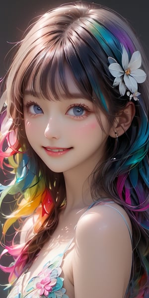 cute korean large-eyed girl, bangs, 
multi color hair, wavy hair, straught hair, wavy hair, multi style hair, (1girl), extremely detailed, (fractal art ), (colorful:1.1), (flowers:1.3), (zentangle:1.2), (seductive pose), (abstract background:1.2 ), (many colors:1.4), (feathers:1.3), (look at the viewer:1.2),semi nudy , full body:1.3, snfw:1.4, smile, erotic:1.3, perfect anatomy, looking at viewer. multi color lights, rainbow backgorund, , gold melt, silvers, neon lights backgorund..(floating colorful water:1.4),  
masterpiece, highly details, best Quality, Tyndall effect, good composition, volume lighting, Film light, dynamic lighting, cinematic lighting, 
,               ,