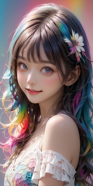cute korean large-eyed girl, bangs, 
multi color hair, wavy hair, straught hair, wavy hair, multi style hair, (1girl), extremely detailed, (fractal art ), (colorful:1.1), (flowers:1.3), (zentangle:1.2), (seductive pose), (abstract background:1.2 ), (many colors:1.4), (feathers:1.3), (look at the viewer:1.2),semi nudy , full body:1.3, snfw:1.4, smile, erotic:1.3, perfect anatomy, looking at viewer. multi color lights, rainbow backgorund, , gold melt, silvers, neon lights backgorund..(floating colorful water:1.4),  
masterpiece, highly details, best Quality, Tyndall effect, good composition, volume lighting, Film light, dynamic lighting, cinematic lighting, 
,               ,