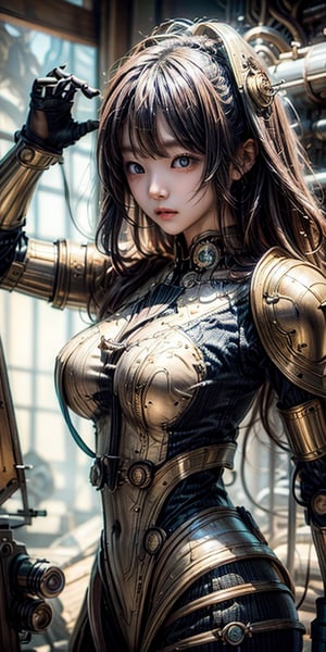 cute korean large-eyed girl, 
dynamic pose,
Design a steampunk-style mecca warrior ready for battle and complete with medium armor and futuristic weapons, 
masterpiece, best Quality, Tyndall effect, good composition, highly details, warm soft light, three-dimensional lighting, volume lighting, Film lighting, cinematic lighting,