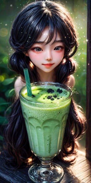 cute korean large-eyed girl, long pigtail, 
Smoothie, Healthy and vibrant smoothie. Capture dramatic smoothie splash, 
masterpiece, highly details, best Quality, Tyndall effect, good composition, free composition, spatial effects, lively and deep art, warm soft light, three-dimensional lighting, volume lighting, back lighting hair, Film light, dynamic lighting,

,