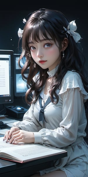 cute korean large-eyed girl, bangs,
sitting, arms up to head, Create a high resolution artwork of lo-fi hip hop, Anime Girl is programming at a computer in a spaceship, outlined silhouettes, 2 monitors, book and a pen, 
masterpiece, croquis, fairytale oil painting, dark atmosphere rough texture, dark details, beauty legs, black eyes, incredible quality, highly details, best Quality, cinematic quality, Tyndall effect, good composition, volume lighting, Film light, dynamic lighting, cinematic lighting, 
,               ,