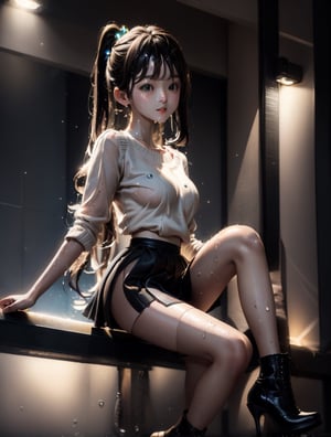 a cute korean girl large-eyed girl, bangs, long wavy hair, sitting on flow,  
sweat, wet body, perfect and detailed eyes, sweating, wet, (miniskirt:1.3), short miniskirt, leg raise up, leg spreads, high heels,
octane rendering, ray tracing, 3d rendering, masterpiece, best Quality, Tyndall effect, good composition, highly details, warm soft light, three-dimensional lighting, volume lighting, Film light