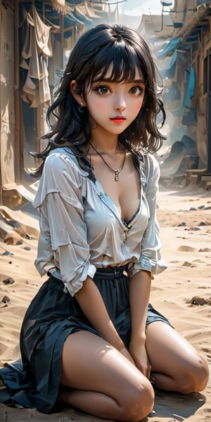 cute korean large-eyed girl, bangs, 
sitting, beautiful anime adventurer girl wearing gold jewelry in the streets of a city in the Western Sahara, fluid motion, stunning shading, 
masterpiece, croquis, fairytale oil painting, dark atmosphere rough texture, dark details, beauty legs, black eyes, highly details, best Quality, cinematic quality, Tyndall effect, good composition, volume lighting, Film light, dynamic lighting, cinematic lighting, 
,               ,