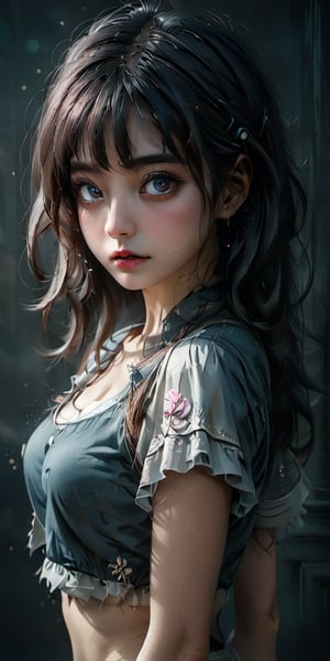 cute korean large-eyed girl, bangs,
tattoo style image feeling of hate, 
masterpiece, croquis, fairytale oil painting, dark atmosphere rough texture, dark details, beauty leg focus, black eyes, incredible quality, highly details, best Quality, cinematic quality, Tyndall effect, good composition, volume lighting, Film light, dynamic lighting, cinematic lighting, 