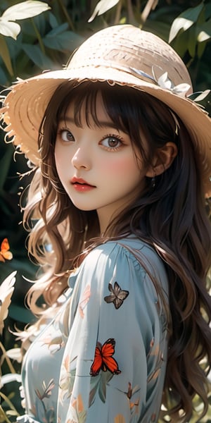 cute korean large-eyed girl, bangs, 
botanical garden, dappled sunlight, exotic flora, straw hat, boho maxi dress, loose wavy hair, curious, focused look, sketching flowers, butterflies fluttering,  
masterpiece, highly details, best Quality, Tyndall effect, good composition, volume lighting, Film light, dynamic lighting, cinematic lighting, 
,               ,