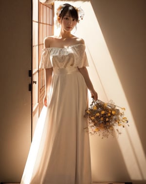 Generate picture, half-length portrait photography, Japanese female, 25 years old, slightly fat, wearing white off-shoulder gauze, with dried flower ornaments on her head, holding a bouquet of dried flowers in her hand, looking back from the right side to the camera, the background is smaller Dark, brown textured background cloth, backlight outline of hair, right side light shot, low key lighting.