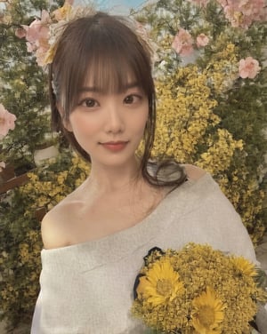 Generate picture, half-length portrait photography, Japanese female, 25 years old, slightly fat, wearing white off-shoulder gauze, with dried flower ornaments on her head, holding a bouquet of dried flowers in her hand, looking back from the right side to the camera, the background is smaller Dark, brown textured background cloth, backlight outline of hair, right side light shot, low key lighting.