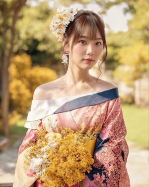 Generate picture, half-length portrait photography, Japanese female, 25 years old, slightly fat, wearing white off-shoulder gauze, with dried flower ornaments on her head, holding a bouquet of dried flowers in her hand, looking back from the right side to the camera, the background is smaller Dark, brown textured background cloth, backlight outline of hair, right side light shot, low key lighting.