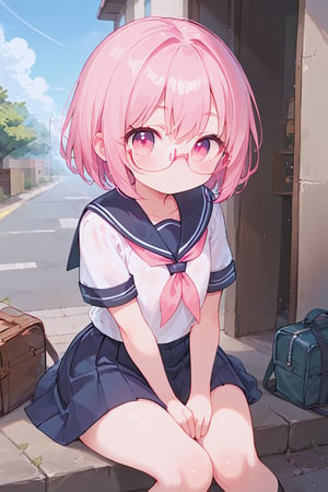 glasses, score_9, score_8_up, score_7_up, 1girl, 8k, outside, 1girl, Loli, small girl, pink eyes, pink hair, short hair, cute, Pretty face, ((pink neckerchief), school uniform, ((blue sailor collar)),short sleeves, white shirt, flat chested, street, sitting, 