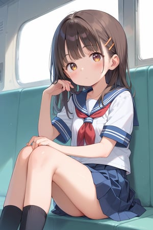 score_7_up, score_8, score_9,

1girl, Loli, brown eyes, brown hair, long hair, petite, blush, cute mouth, tender, cute look, cute eyes, adorable, cute, Pretty face, sitting, ((red neckerchief), school uniform, skirt, ((blue skirt)), pleated skirt)), ((short skirt)), ((blue sailor collar)),short sleeves, white shirt,,