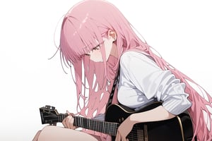 1girl, long hair, masterpiece, best quality, very aesthetic, absurdres, sagawa, masterpiece, high quality, zoom out, shy,hitori gotou, bocchi, pink hair, head to leg, holding guitar