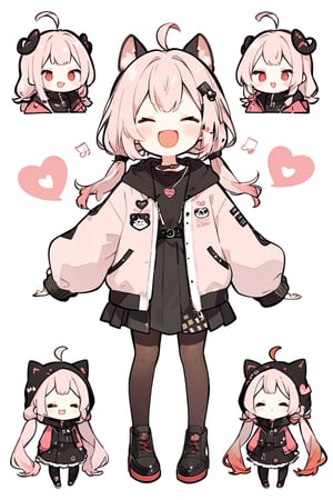 1girl, long hair, blush, smile, open mouth, bangs, shirt, hair ornament, red eyes, long sleeves, white background, dress, twintails, closed mouth, standing, jacket, closed eyes, pink hair, ahoge, :d, heart, pantyhose, shoes, hairclip, virtual youtuber, hood, black skirt, chibi, black dress, open jacket, v-shaped eyebrows, hoodie, multiple views, ^ ^, low twintails, hood down, musical note, hooded jacket, pink jacket, expressions