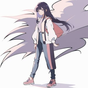 dal,  1girl,  white background, basic_background, long purple hair, purple highlights, straight hair, The tips of the hair and inner color are light pink. light purple eyes, long bangs, Wearing casual clothes, shy pose, full body, pouting, looking at viewer