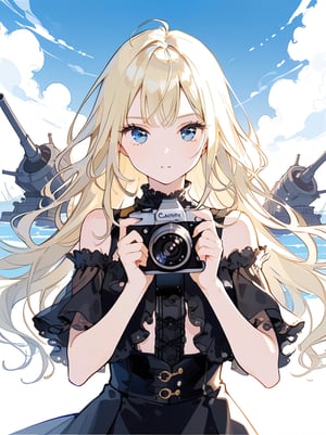 //quality
masterpiece, best quality, aesthetic, 
//Character
1girl, long blonde hair, 
//Fashion 
slit tops, holding a camera, cannon camera 
//Background 
blue sky, beautiful sky, Frontal perspective, 