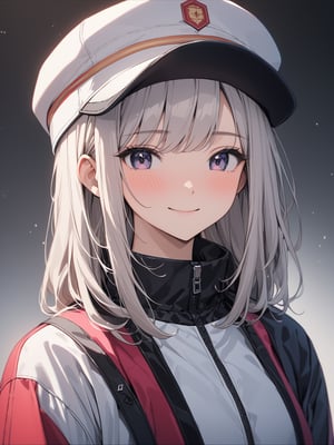 //quality
masterpiece, best quality, vibrant colors, detailmaster2, 8k, 8k UHD, ultra-high resolution, ultra-high definition, highres, depth of field, low light, aesthetic,
//Character
A potrait 1girl, solo, blushing shy faces but smiling
//Fashion
 jacket and cap 
//Background
white_background,