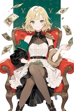 //quality
masterpiece, best quality, aesthetic, 
//Character
1girl, beautiful green eyes, blonde hair, light smile, sitting on a Barcelona Chair
//Fashion
A girl wears a luxury dress, woolly armband on her upper arm, Girl wearing high stockings and louis vuitton boots, holding cash on hand 
//Background
Cash and gold everywhere in the background
