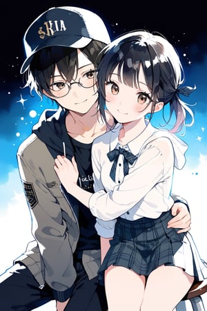 //quality
masterpiece, vibrant colors,  (illustration, 8k CG, extremely detailed), masterpiece, ultra-detailed, sharp focus, best quality, depth of field, low light, aesthetic,
//Character
A potrait two couples wearing school uniforms, boyfriend and girlfriend looking at each other joining hands, blushing shy faces but smiling together, 
//Fashion
Girlfriend with bangs black hair colour,  swept bangs, brown eyes without glasses, ponytail, wearing a tight skirt over a blouse 
Boyfriend with a two-block black haircut wearing round glasses, hoodie jacket and cap, wearing long black cargo pants 
//Background
Girl sitting on a chair while Boy hugging from behind