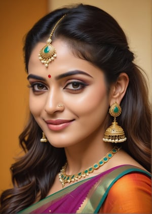 (best quality,4k,8k,highres,masterpiece:1.2),ultra-detailed,(realistic,photorealistic,photo-realistic:1.37),beautiful,indian woman,(expressive eyes:1.1),(radiant smile:1.1),close-up,portrait,(smooth skin:1.1),(long,shiny hair:1.1),vibrant colors,studio lighting,ethnic jewelry,traditional attire (sari),ornate henna design,delicate facial features,graceful pose,serene expression,subtle makeup,rich textures,deep gaze,gorgeous accessories,exquisite craftsmanship,soft shadows,subtle highlights,warm color palette,aesthetic composition,striking contrast,detailed patterns,impeccable clarity,natural beauty,luminous complexion,regal elegance,unforgettable charm,intense gaze,dreamy ambiance,radiant personality,colorful backdrop , bright face,Indian,Indian Cute Girl,xxmix_girl,photo r3al,Woman
