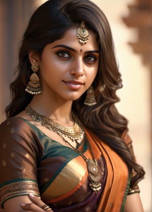 (best quality,4k,8k,highres,masterpiece:1.2),ultra-detailed,(realistic,photorealistic,photo-realistic:1.37),beautiful,indian woman,(expressive eyes:1.1),(radiant smile:1.1),close-up,portrait,(smooth skin:1.1),(long,shiny hair:1.1),vibrant colors,studio lighting,ethnic jewelry,traditional attire (sari),ornate henna design,delicate facial features,graceful pose,serene expression,subtle makeup,rich textures,deep gaze,gorgeous accessories,exquisite craftsmanship,soft shadows,subtle highlights,warm color palette,aesthetic composition,striking contrast,detailed patterns,impeccable clarity,natural beauty,luminous complexion,regal elegance,unforgettable charm,intense gaze,dreamy ambiance,radiant personality,colorful backdrop