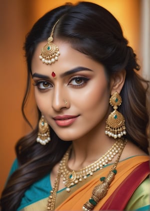 (best quality,4k,8k,highres,masterpiece:1.2),ultra-detailed,(realistic,photorealistic,photo-realistic:1.37),beautiful,indian woman,(expressive eyes:1.1),(radiant smile:1.1),close-up,portrait,(smooth skin:1.1),(long,shiny hair:1.1),vibrant colors,studio lighting,ethnic jewelry,traditional attire (sari),ornate henna design,delicate facial features,graceful pose,serene expression,subtle makeup,rich textures,deep gaze,gorgeous accessories,exquisite craftsmanship,soft shadows,subtle highlights,warm color palette,aesthetic composition,striking contrast,detailed patterns,impeccable clarity,natural beauty,luminous complexion,regal elegance,unforgettable charm,intense gaze,dreamy ambiance,radiant personality,colorful backdrop , bright face,Indian,Indian Cute Girl