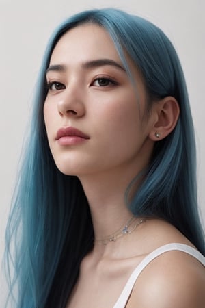 photo, centered, dramatic lighting, shiny_detailed_hair, shoulder, pale-sky-blue_hair, hair_color_matches_pantone_pastel_cyan, detailed face, detailed nose, tiny_nose_ring_left_nostril, spanish_woman_wearing_sleeveless_punk_tshirt, calm, minimal white background, realism,realistic,raw,analog,asian_woman,portrait,photorealistic,analog,realism