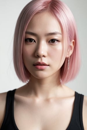 photo, centered, dramatic lighting, shiny_detailed_hair, shoulder_length_pale_pink_hair, hair_color_matches_pantone_182, detailed face, detailed nose, japanese_woman_wearing_sleeveless_punk_tshirt, calm, minimal white background, realism,realistic,raw,analog,asian_woman,portrait,photorealistic,analog,realism