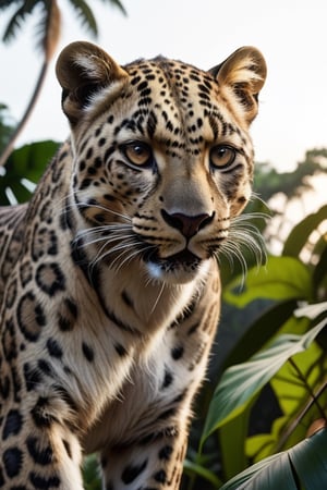 hyper-realistic leopard with human woman's head hidden in dense tropical jungle looking into the camera, leopard whiskers and fur are highly detailed realism, detailed hyper-realistic fur, the leopard's eyes are highly detailed, healthy and reflective of light and shadow, the jungle is bountiful, a detailed high resolution sky at dusk, cinematic, awe inspiring, cinematic film, subtle vintage grain