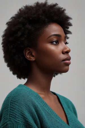 photo, rule of thirds, dramatic lighting, african_american_hair, detailed face, detailed nose, black_woman_wearing_v_neck_turquoise sweater, calm, minimal white background, realism,realistic,raw,analog,black_woman,portrait,photorealistic,analog,realism