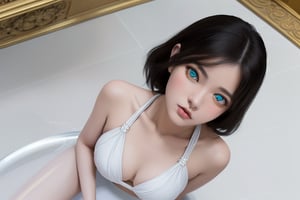 masterpiece,best quality,1girl,fractal art,realistic anime style,abstract art,colorful,highest detailed,Seething,Black hair, brown eyes,She’s wearing an elegant, white halter-neck swimsuit,(Looking Down from Above:1.4), (upturned eyes :1.8),The entire floor is marble,Formal occasions,mirrored room,I don't draw hands.