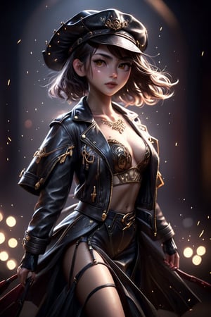 Alluring and hot female, Japanses girl,flirting, hat, leather jacket, sweet long skirt, sharp focus, studio photo, intricate details, highly detailed, sparks, octane render, 64k, photorealistic concept art, soft natural light, chiaroscuro, masterpiece,Cinematic lighting,art_booster,Bright lighting that clearly shows the face