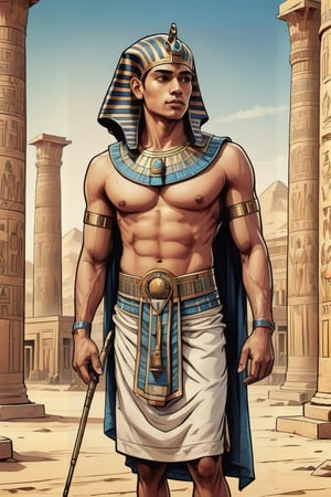 Water color style, solo, the Egyptian actor Ahmed Mazhar wearing ancient Egyptian clothes, temple background, vintage colors, retro, ultra details,comic book