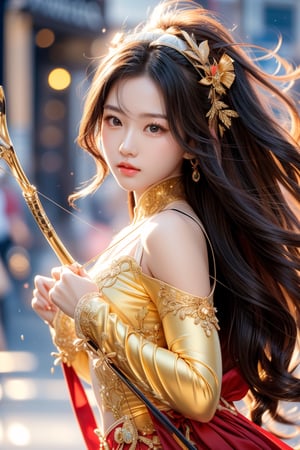 cute pose,beautiful korean girl, holding a battle bow, aim at bow,ready to shoot,curly hair,lion girl,golden lion hair