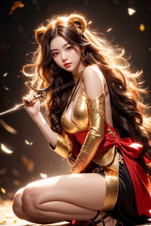 cute pose,beautiful korean girl, holding a battle bow, aim at bow,ready to shoot,curly hair,lion girl,golden lion hair