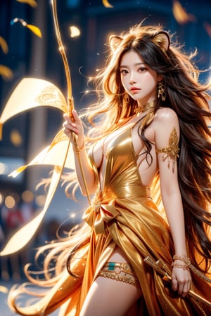 cute pose,beautiful korean girl, holding a battle bow, aim at bow,ready to shoot,curly hair,lion girl,golden lion hair