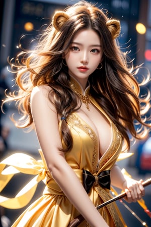 sweet pose,beautiful korean girl, holding a battle bow, aim at bow,ready to shoot,curly hair,lion girl,golden lion hair