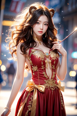 cute pose,beautiful korean girl, holding a battle bow, aim at bow,ready to shoot,curly hair,lion girl,golden lion hair