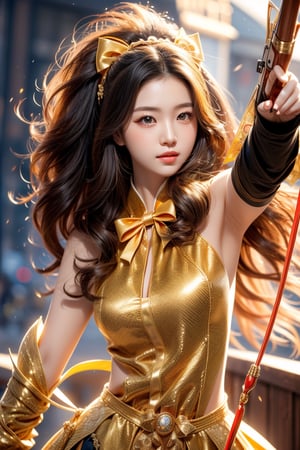 cute pose,beautiful korean girl, holding a battle bow, aim at bow,ready to shoot,curly hair,lion girl,golden lion hair