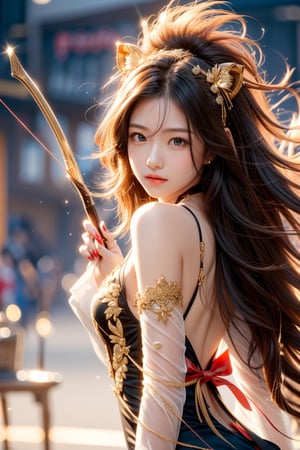 cute pose,beautiful korean girl, holding a battle bow, aim at bow,ready to shoot,curly hair,lion girl,golden lion hair