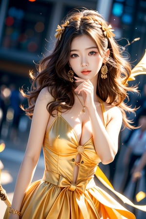 cute pose,beautiful korean girl, holding a battle bow, aim at bow,ready to shoot,curly hair,lion girl,golden lion hair