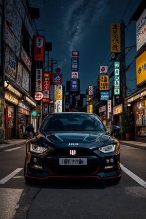 crea un carro deportivo jdm y atras una ciudad de japon de noche