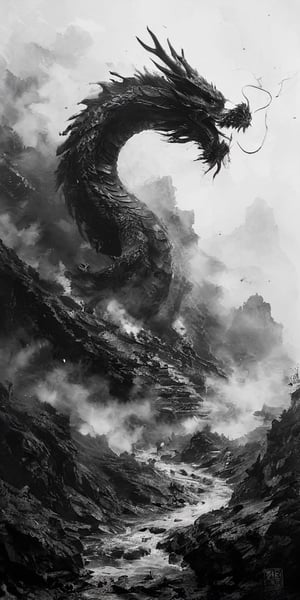 crea un dragon chino trepando en un volcan
