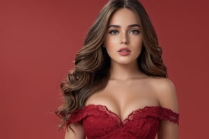 photorealistic, 1 woman, cute, lips, long hair, looking at viewer, makeup, nose, realistic, ENTIRE body, raw photo, studio_shot, 16k uhd, dslr, soft lighting, high quality, film grain. Mujer pellirroja, de (cabello largo ondulado), con pequeñas (pecas en sus pechos), (pezones grandes y senos grandes), con sus senos en ((vestido rojo escotado)), (cabello largo ondulado rojo escarlata),  vestido rojo escotado largo, perfecta, (ojos azules), with small freckles on her breasts, algunos (tatuajes en los brazos). (VESTIDO ROJO), FOTO REALISTA, DE (CUERPO COMPLETO), pasea en (bicicleta), beautiful Girl