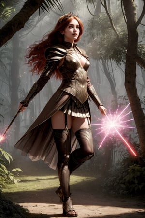 a girl, brown red hair, shining eyes, lingerie, magic emerge of she, particles, photorealistic, masterpiece, 8k, full detailed, full body, cinematography scene,realistic, higher definition, teen factions, lingerie, stocking, jungle scenario, miniskirt, light clothes,petite, young, light clothes, magic particles, particles, hands magic, booty, magic staff, hair accessories, decorate clothes, light crossbow, hight details, coat, , blow kiss, futuristic and fantasy, sight eyes beauty leeps, light runic details, futuristic details,  hight stockings, Nails, frontal view 