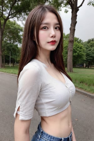 Masterpiece, an asian beautiful girl wearing a white blouse and dark miniskirt,  She is standing in the middle of the park, looking out into the woods in the distance, (from_side:1.2), (cowboy_shot), Soft Focus Lens, best quality, ambient lighting, photorealistic, ultra realistic illustration