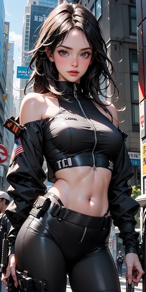 beautiful, realistic, masterpiece, HD, 1 girl, ((futuristic black tactical suit)), sexy, charming, seductive, special operation agent, crop top off shoulder, advanced gadgets, holding weapons, urban techwear