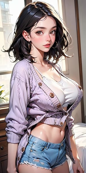  best quality,  (1lady, solo, lower body, front_view, facing_viewer :1.5), (black hair:1.4), (full color:1.5), hot body, (brown eyes: 1.5), (big breasts, braless: 1.5), Clothes: (cardigan, lilac calvin klein boyshorts: 1.5), Appearance: medium hair, natural makeup, long legs, cute, petite, Location: bedroom, Hobbies: workout, low_angle, frow_below, lewd, cameltoe, NSFW, startled,ffc selfie, best_friend, exposed